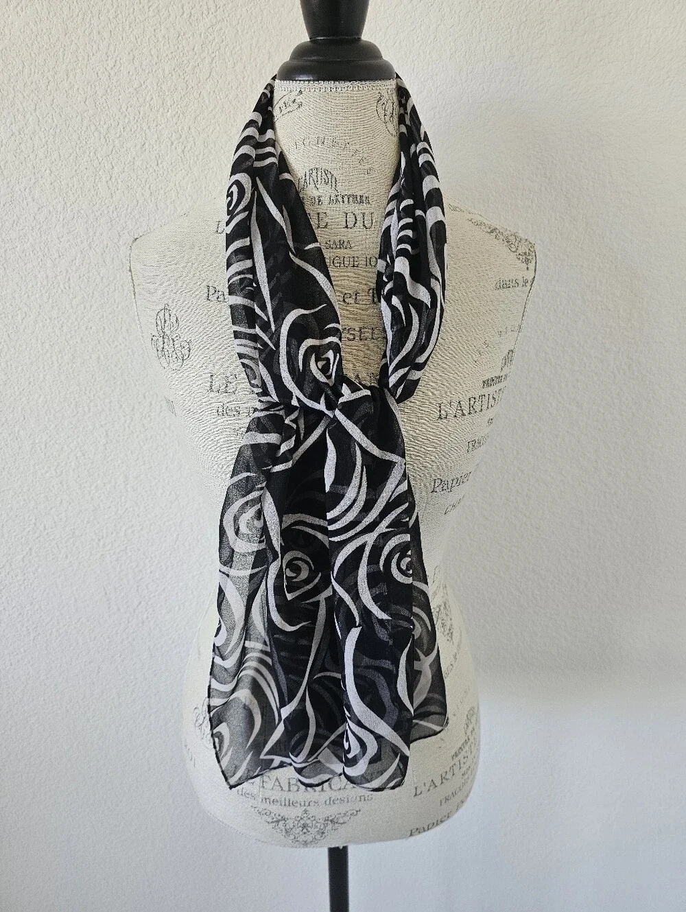 Isabella Vintage Black & White Rose Scarf – Sheer Floral Chiffon Neck Ribbon​